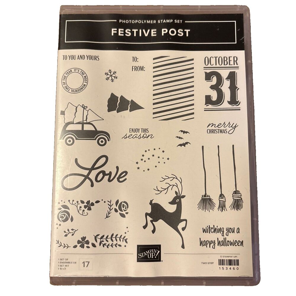 Stampin Up! FESTIVE POST Photopolymer Stamp Set Christmas And Halloween 17 Piece